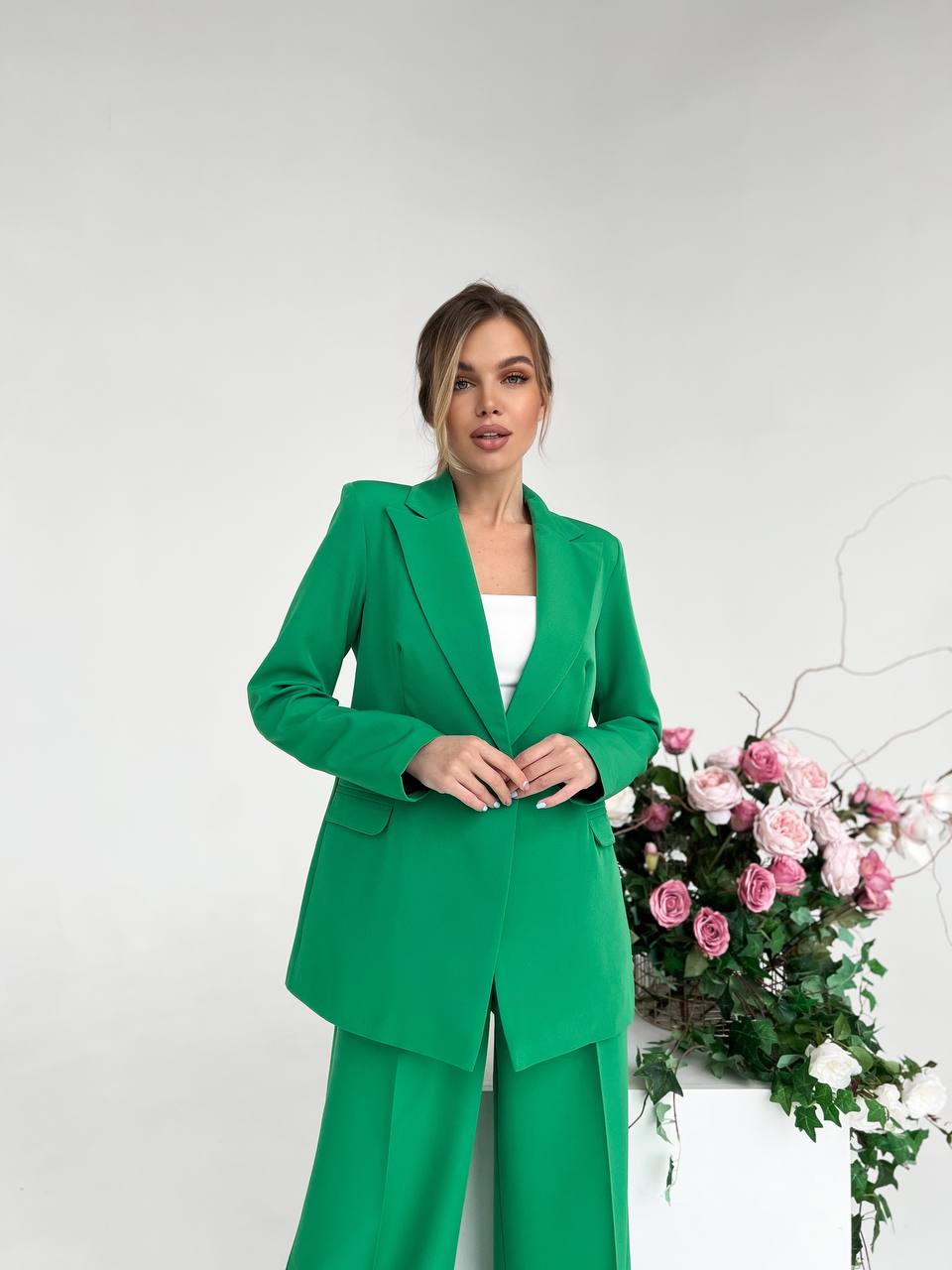 Grass Green Palazzo Suit Diagonal Crepe Womens Wide Leg Two Piece