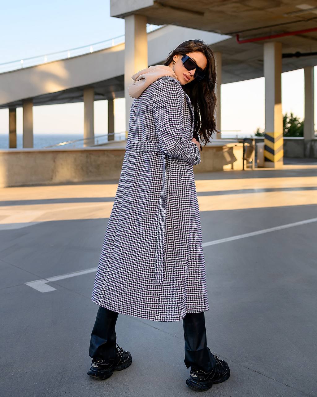 Womens Turkish Fabric Houndstooth Pattern Coat Long Trench Style Belted