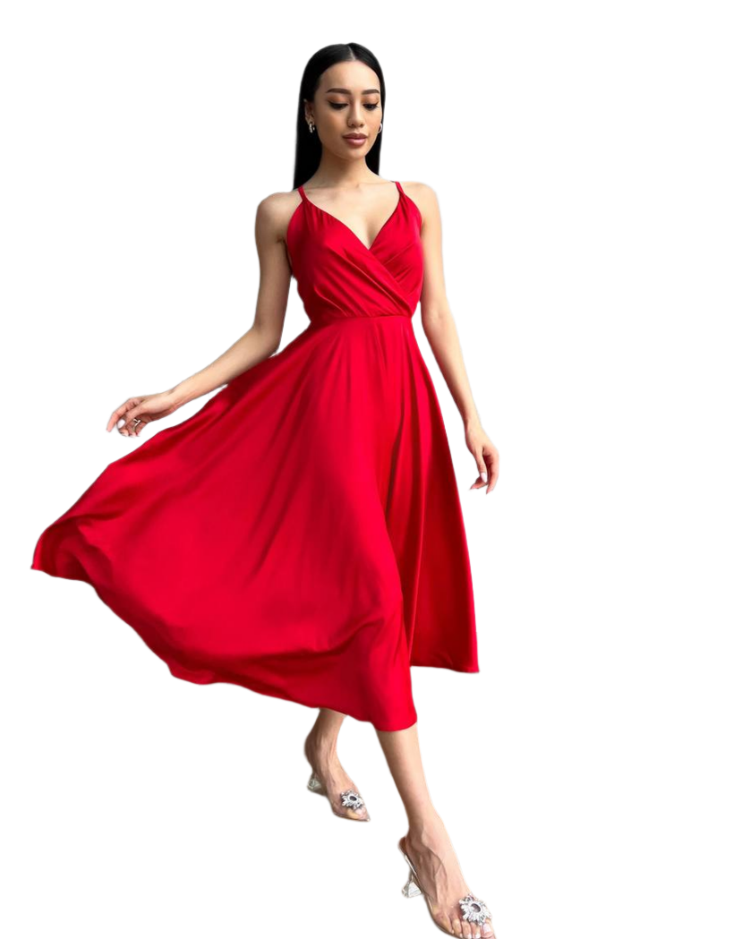 Esmeralda Red Midi Sun Dress With Adjustable Straps