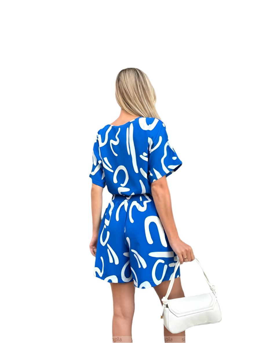Bright Blue Casual Two-Piece Suit with Abstract Print