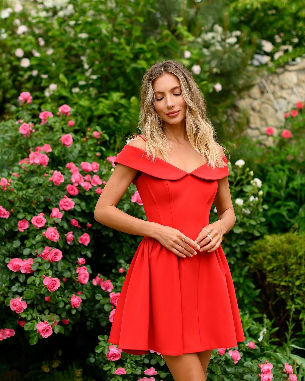 Women Red Off Shoulder Corset Dress in Premium Crepe Fabric