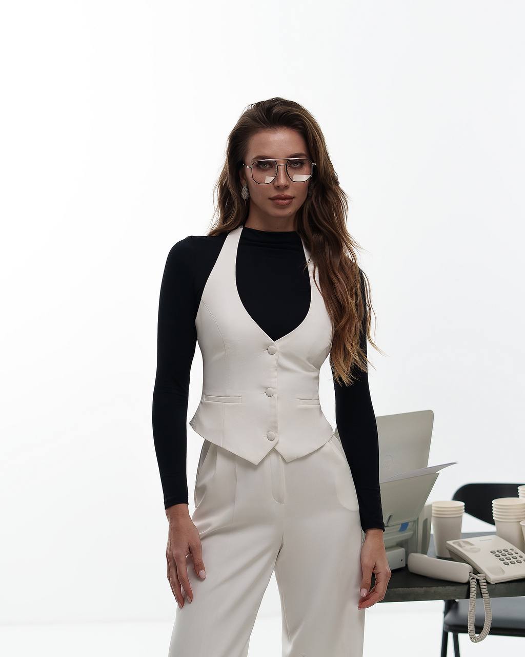 Womens Premium Diagonal Suiting Crepe Vest Halter Neck Button Front