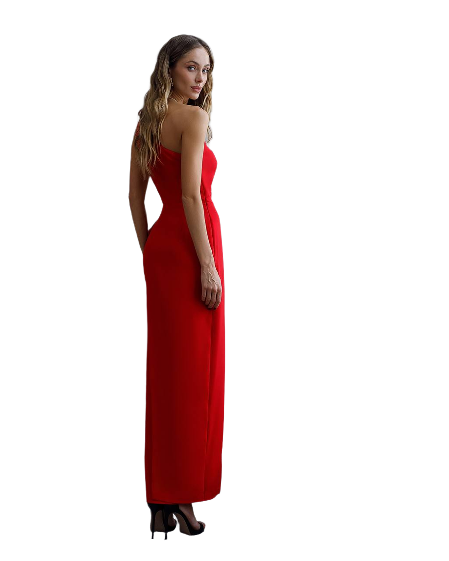 One Shoulder Red Midi Dress with Side Slit
