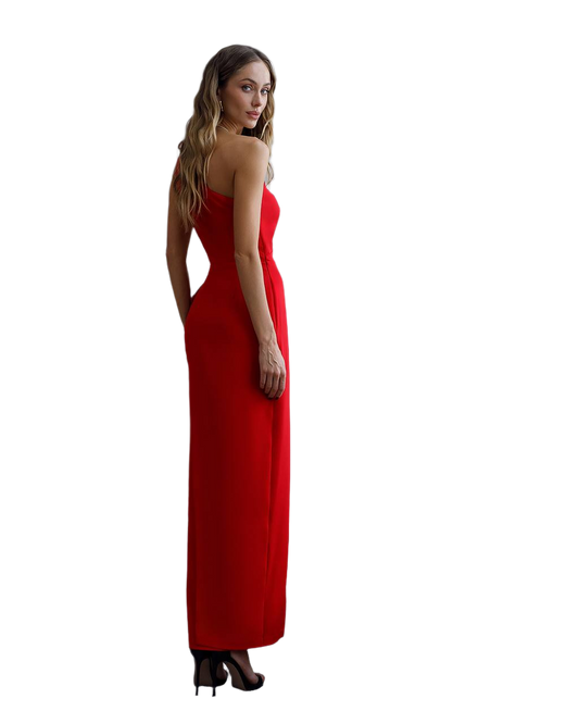 Woman wearing a red dress on a white background