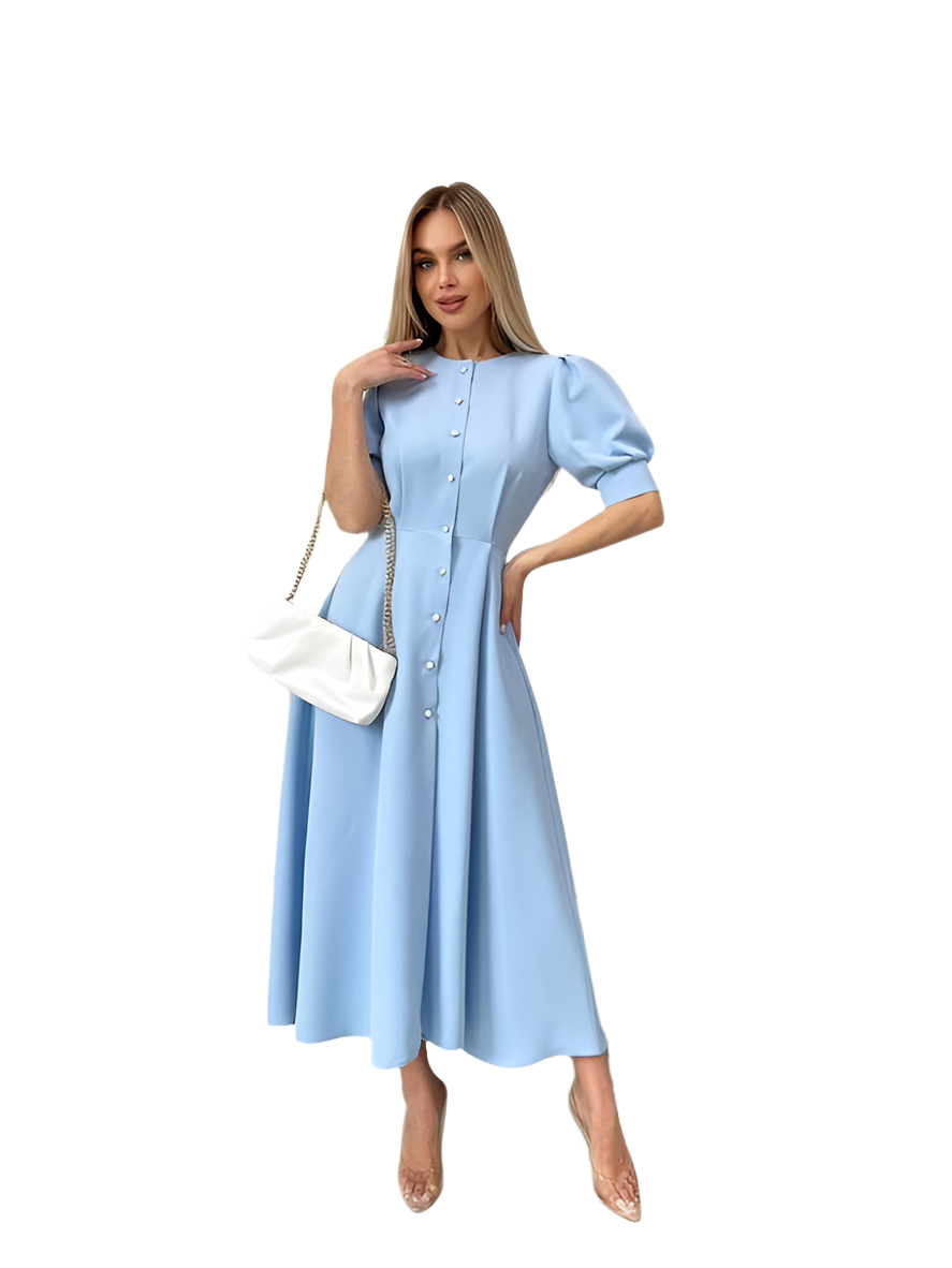 Woman wearing a light blue dress with a white handbag on a white background