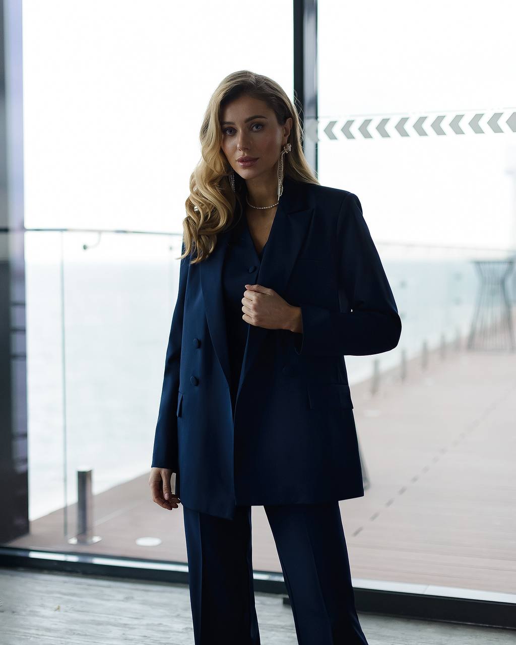 Womens Premium Navy Blue Three Piece Suit Blazer Vest Trousers