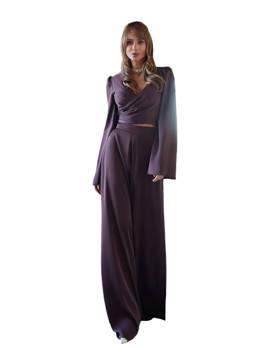 Elegant Women Suit Set in Dense Satin Fabric Paris Top and Wide Pants
