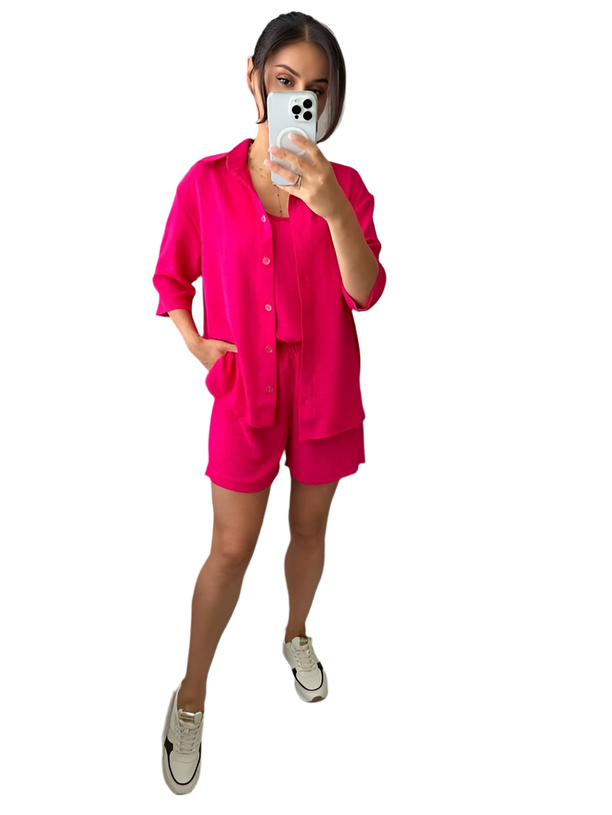 Summer Lightweight Three-Piece Suit with Shirt, Tank Top, and Shorts