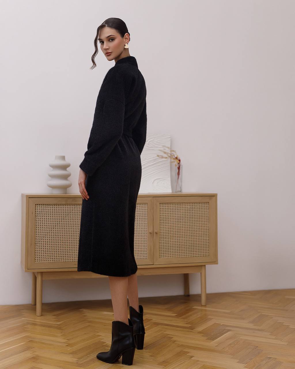 Silva Fluffy Black Long Cardigan with Belt for Women