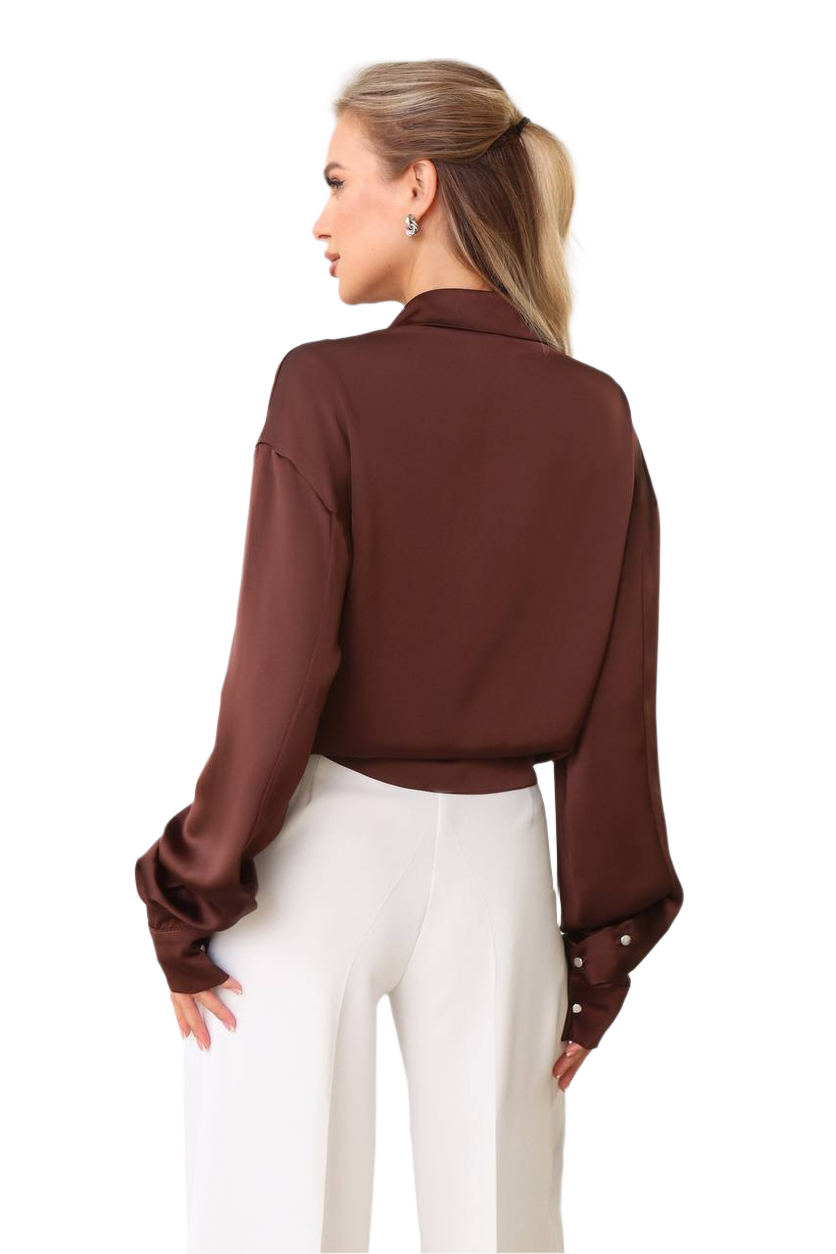 Woman wearing a brown blouse with long sleeves and a high collar on a white background