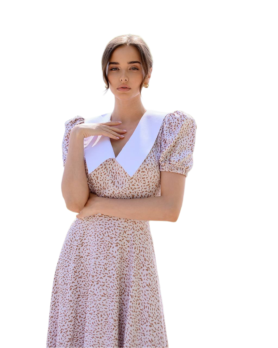 Elegant Printed Dress with Puff Sleeves and Wide Collar