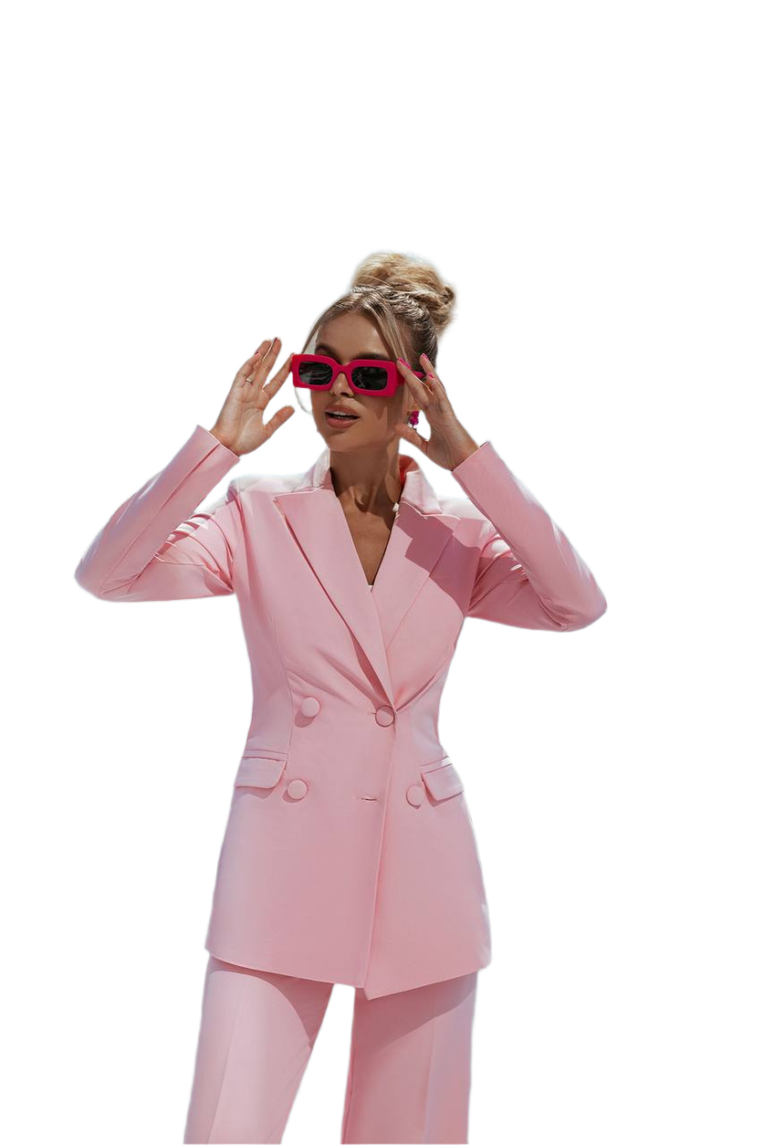 Woman wearing a pink suit and sunglasses on a white background
