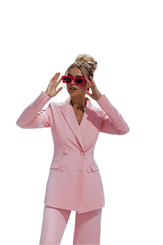 Woman wearing a pink suit and sunglasses on a white background