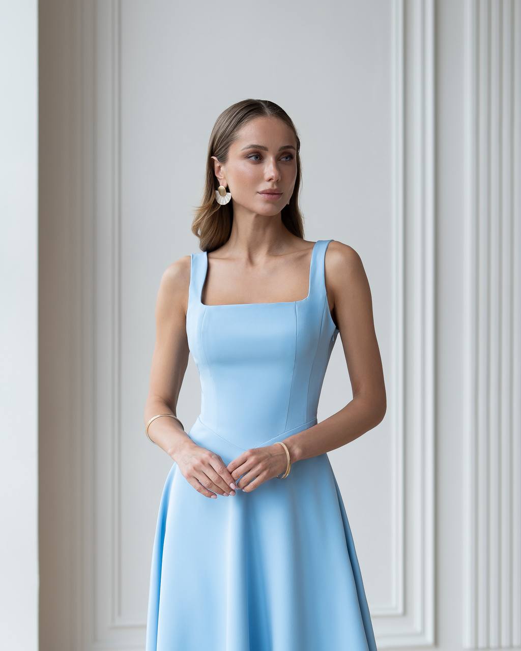 Elegant Blue Midi Dress in Premium Suit Crepe-Diagonal Fabric