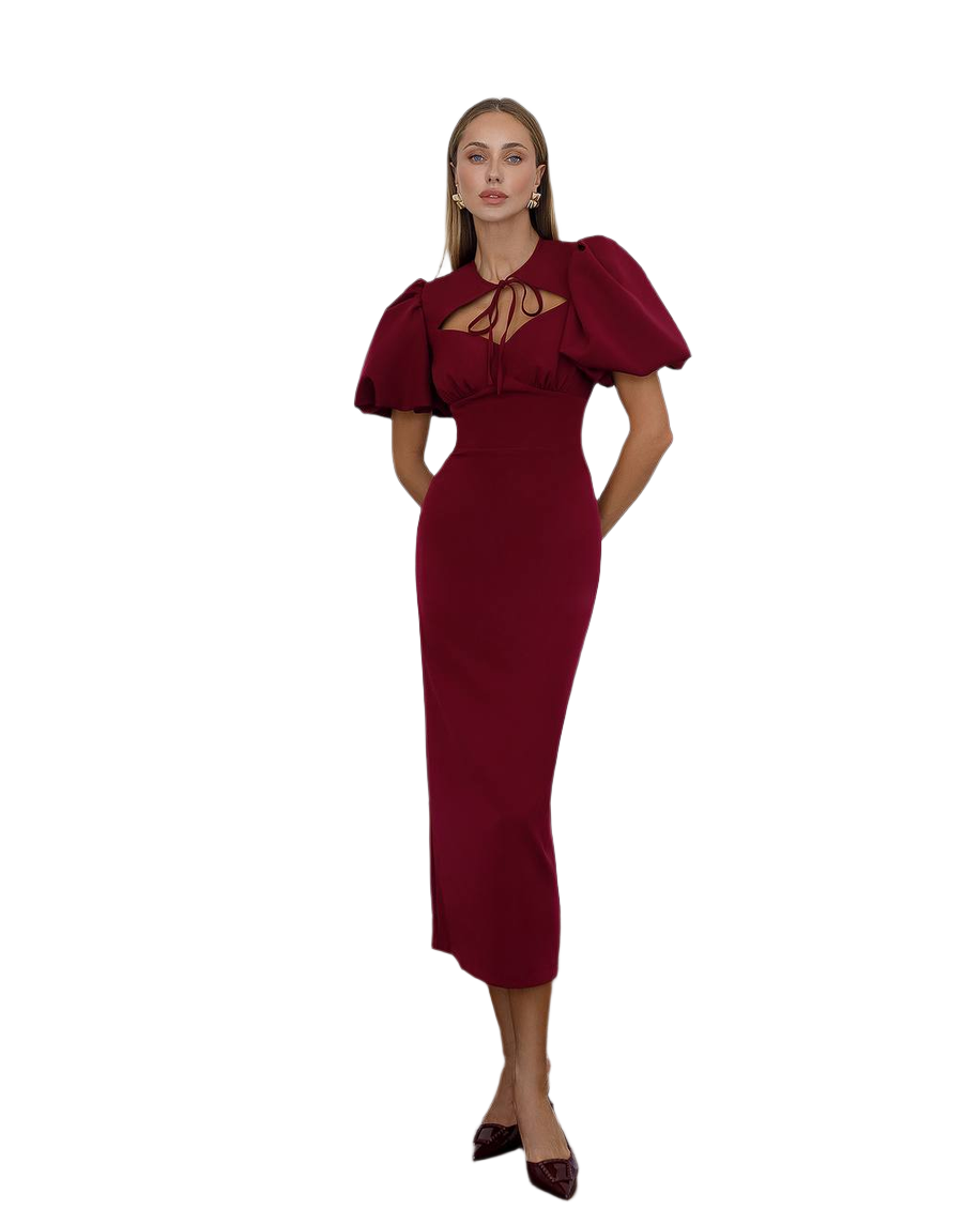 Elegant Burgundy Midi Dress with Puff Sleeves for Women