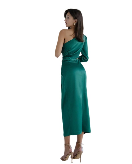 Woman wearing a green one-shoulder dress on a white background