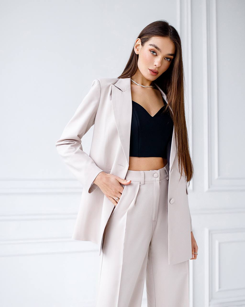 Womens Polished Tiar Lux Fabric Suit Beige Jacket and Pants