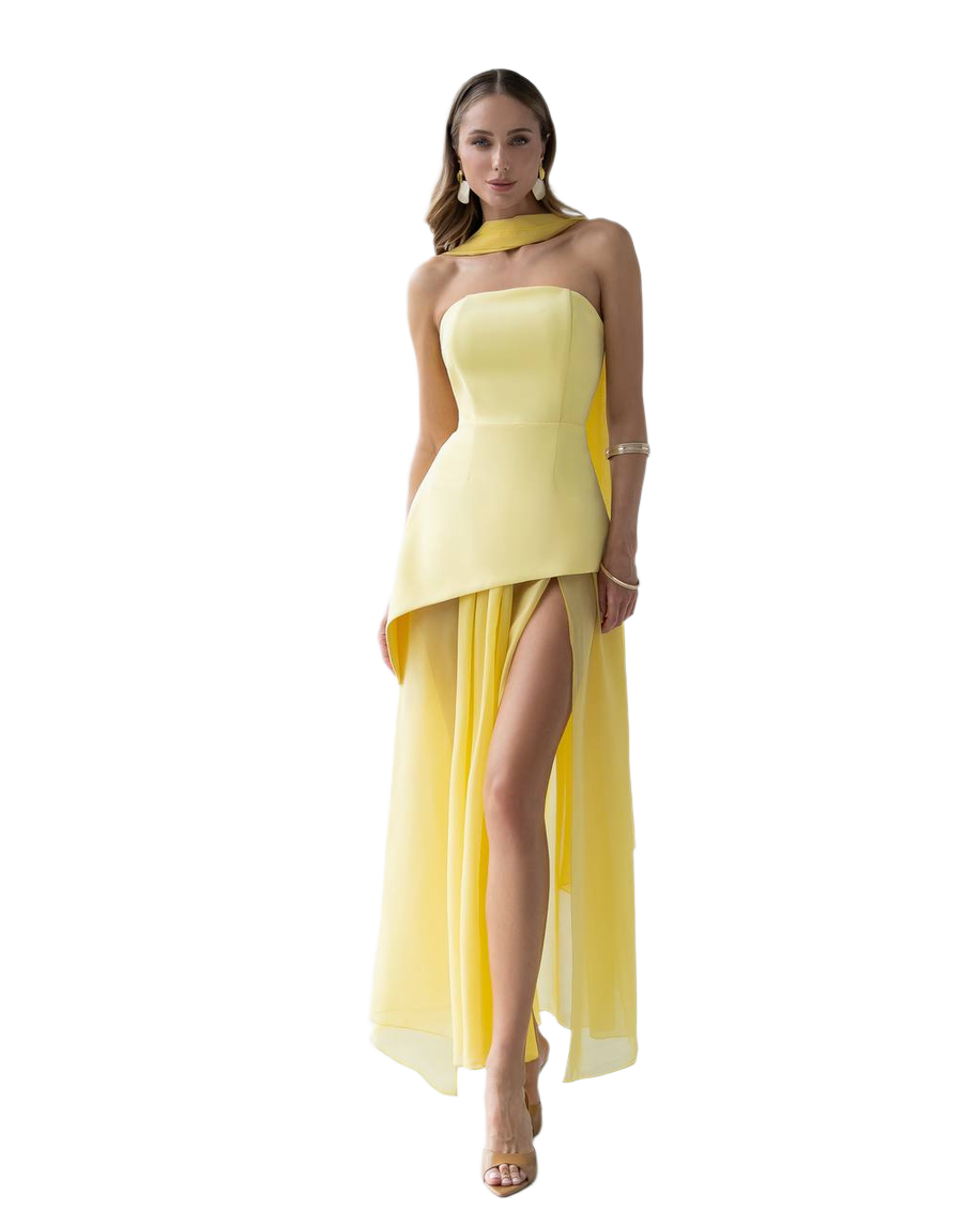 3 Piece Elegant Yellow Wedding Bridal Set - Corset Style Dress, Chiffon Skirt and Scarf