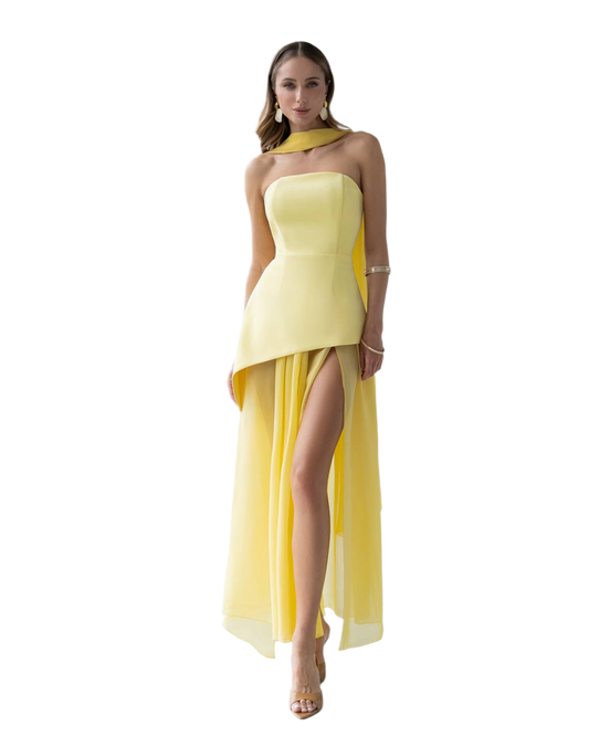 3 Piece Elegant Yellow Wedding Bridal Set - Corset Style Dress, Chiffon Skirt and Scarf