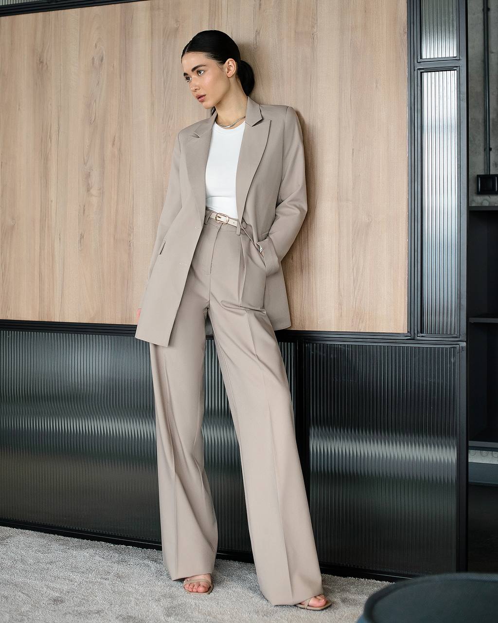 Womens Polished Tiar Lux Fabric Suit Beige Jacket and Pants