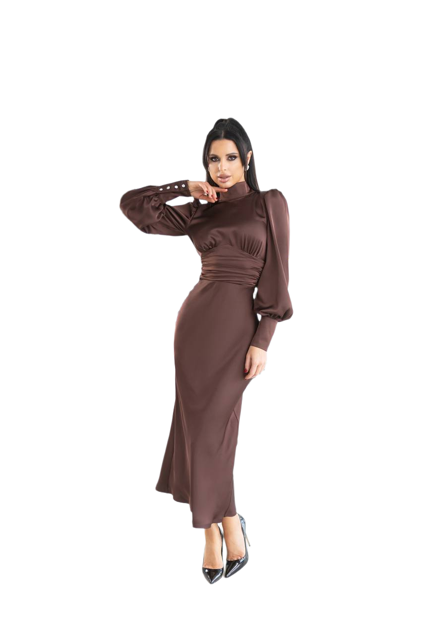 Woman wearing a brown dress with a white background