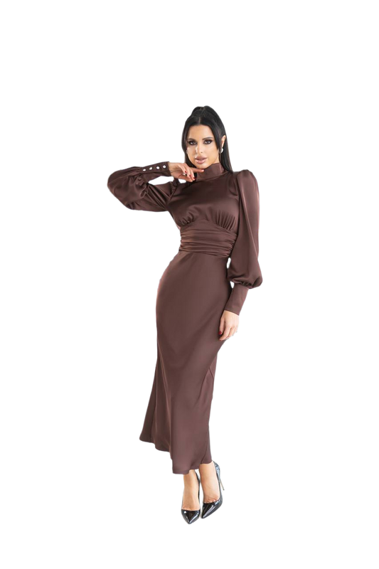 Woman wearing a brown dress with a white background