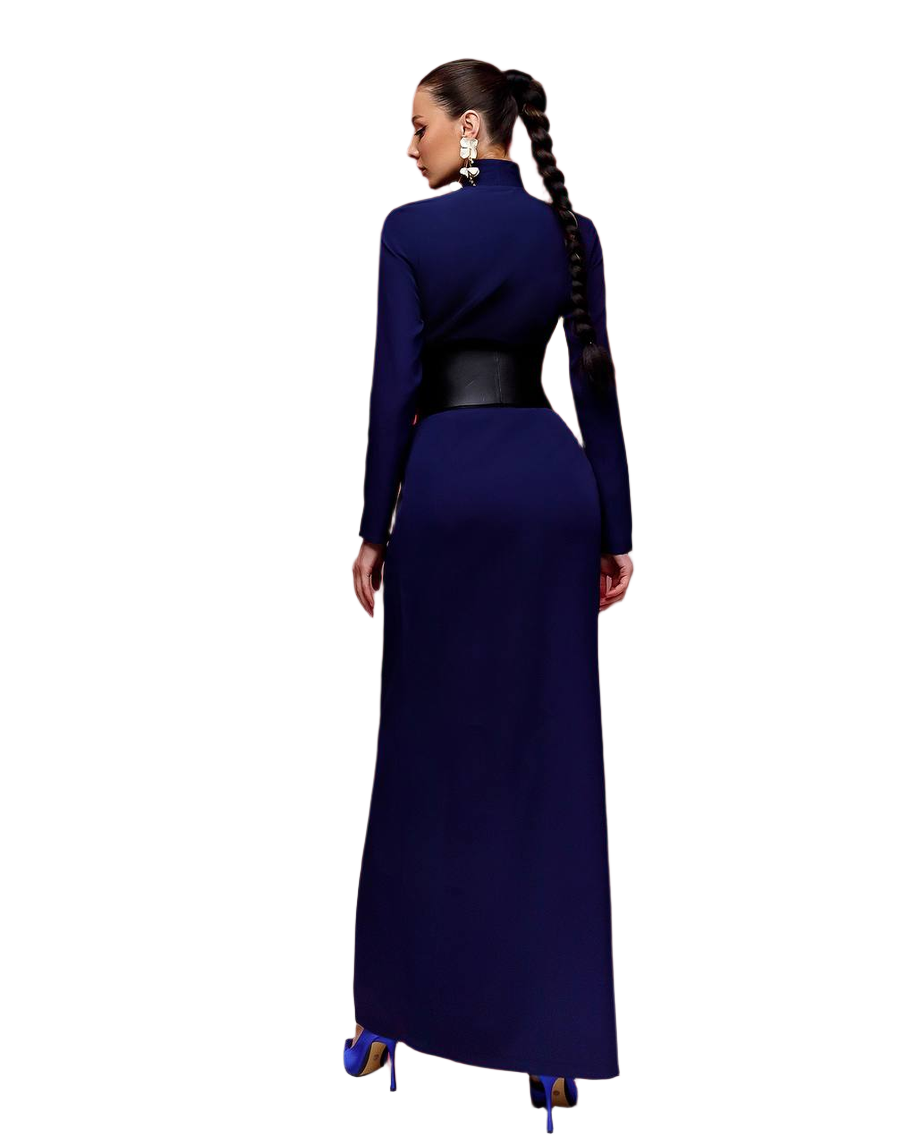 Navy blue evening gown with a fitted bodice and long skirt on a white background