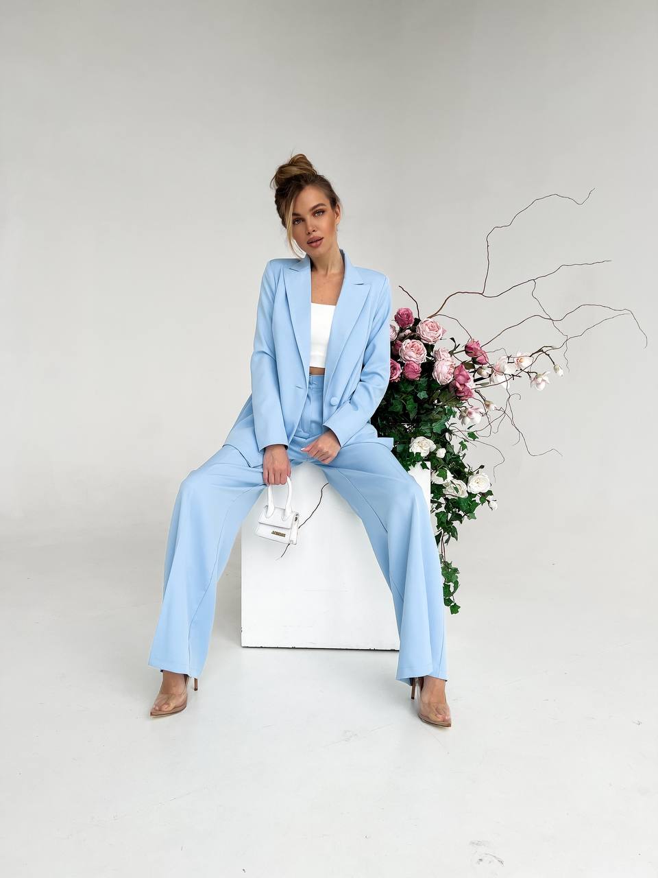 Sky Blue Palazzo Suit Diagonal Crepe Lined Blazer Wide Leg Pants