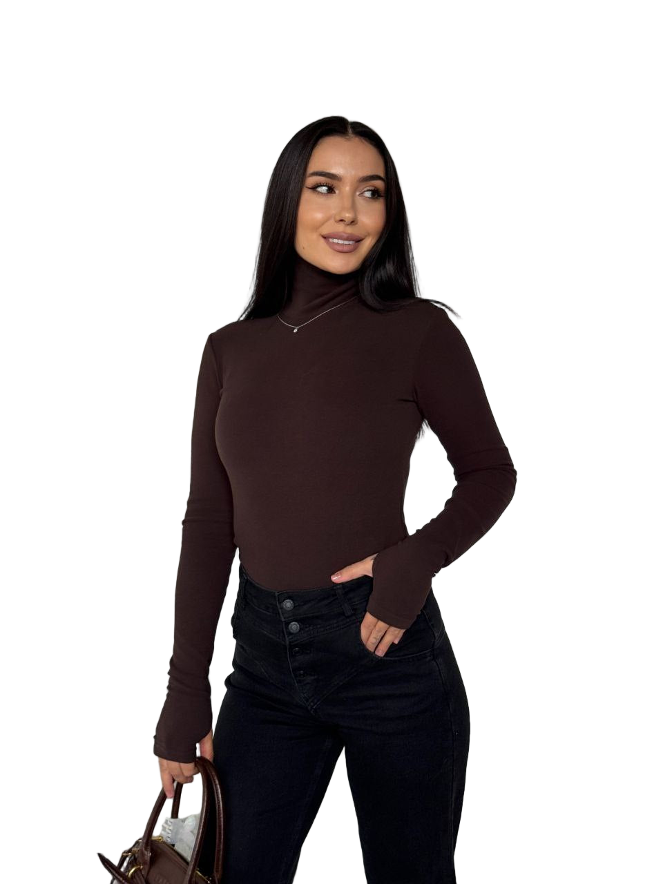 Brown Soft Thermal Longsleeve Turtleneck Stretch Top