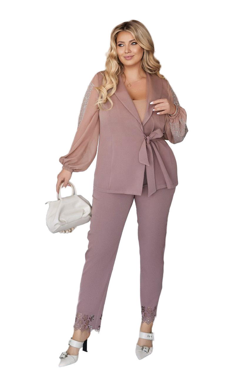 Elegant Women Suit with Sheer Sleeves and Laser Cut Pants in Mauve
