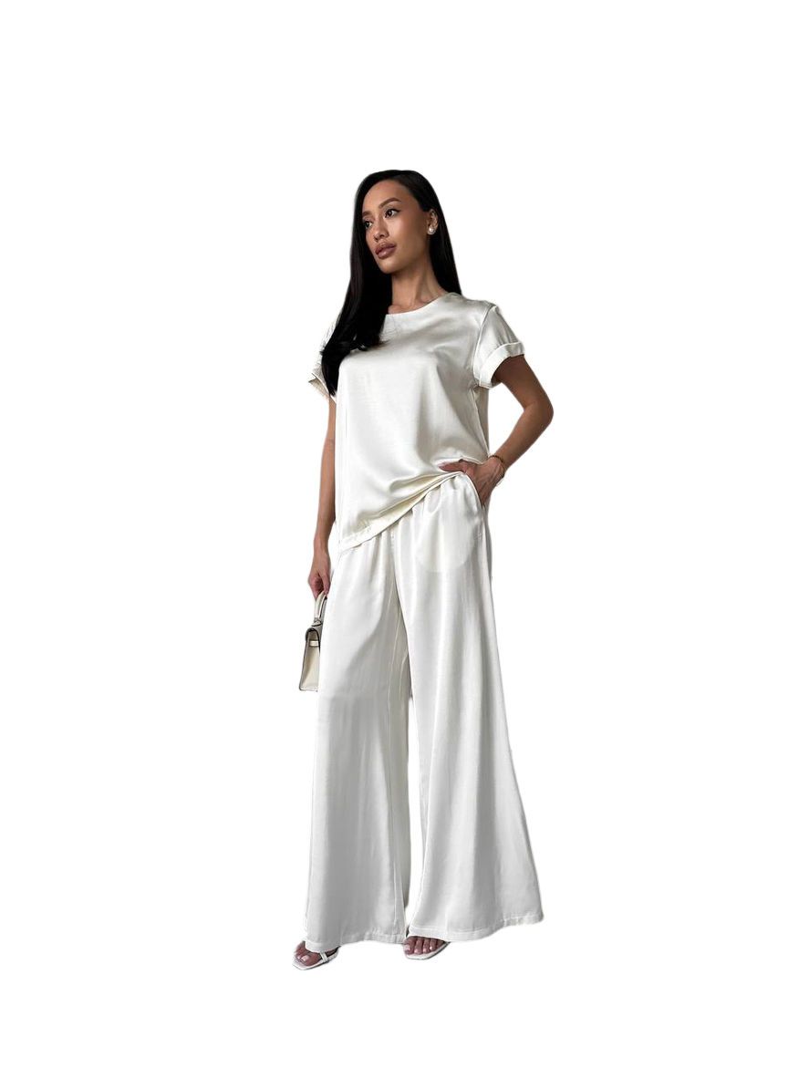 Luxury Satin Suit for Women Elegant Wide Leg Pants and Short Sleeve Top