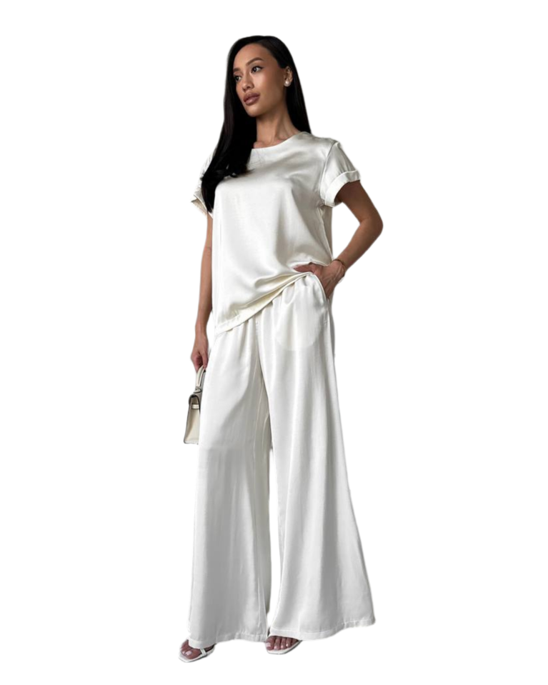 Luxury Satin Suit for Women Elegant Wide Leg Pants and Short Sleeve Top
