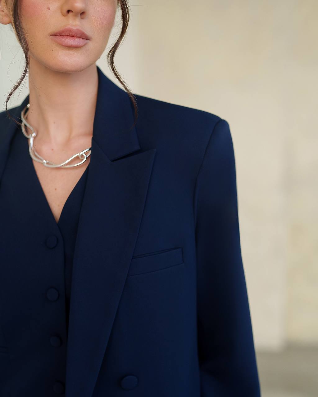 Womens Premium Navy Blue Three Piece Suit Blazer Vest Trousers