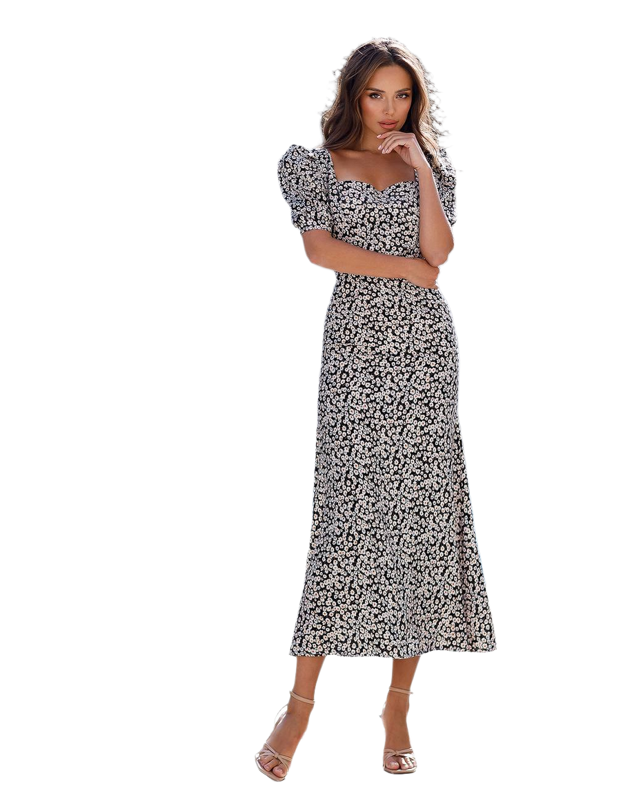 Floral Print Puff Sleeve Midi Dress in Black
