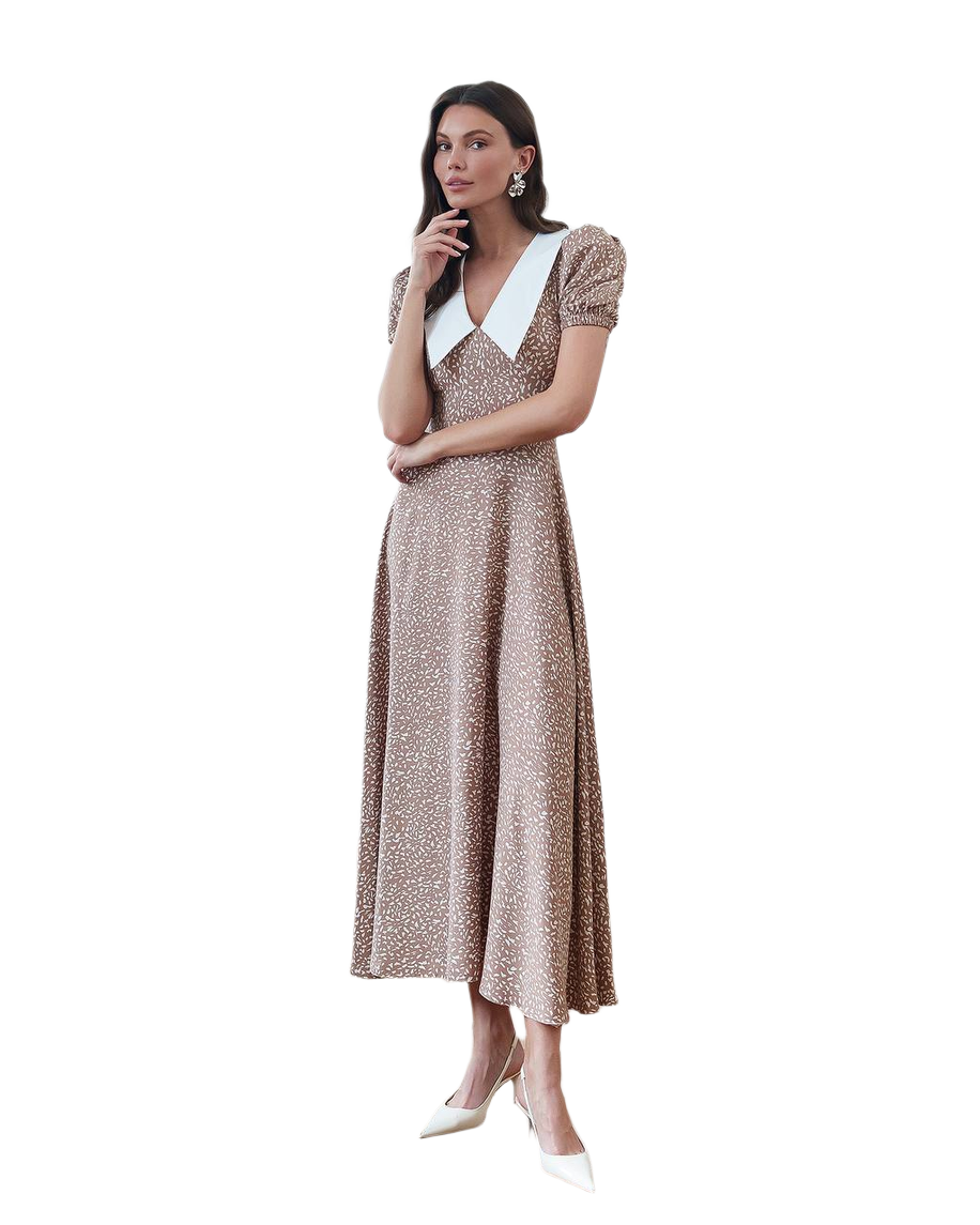 Elegant Brown Print Midi Dress with White Collar for Women