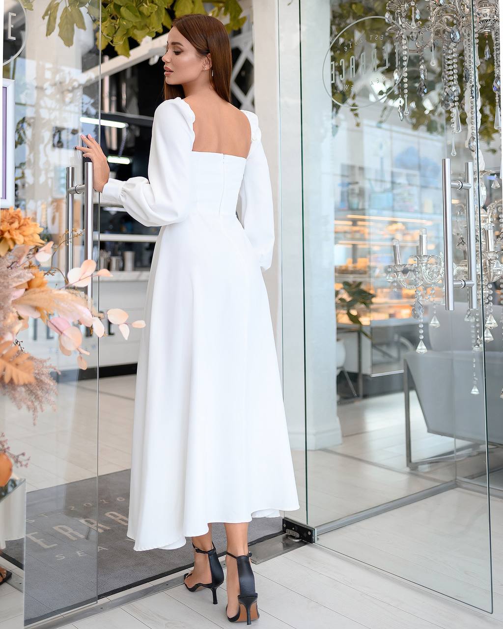 White Midi Dress with Cups and Long Puff Sleeves for Women