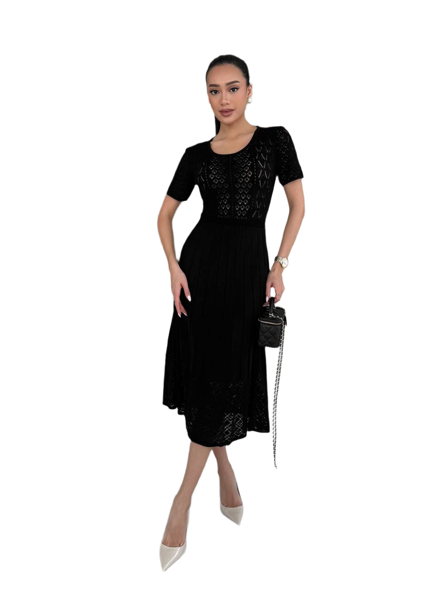 Classic Black Midi Dress for Women with Short Sleeves