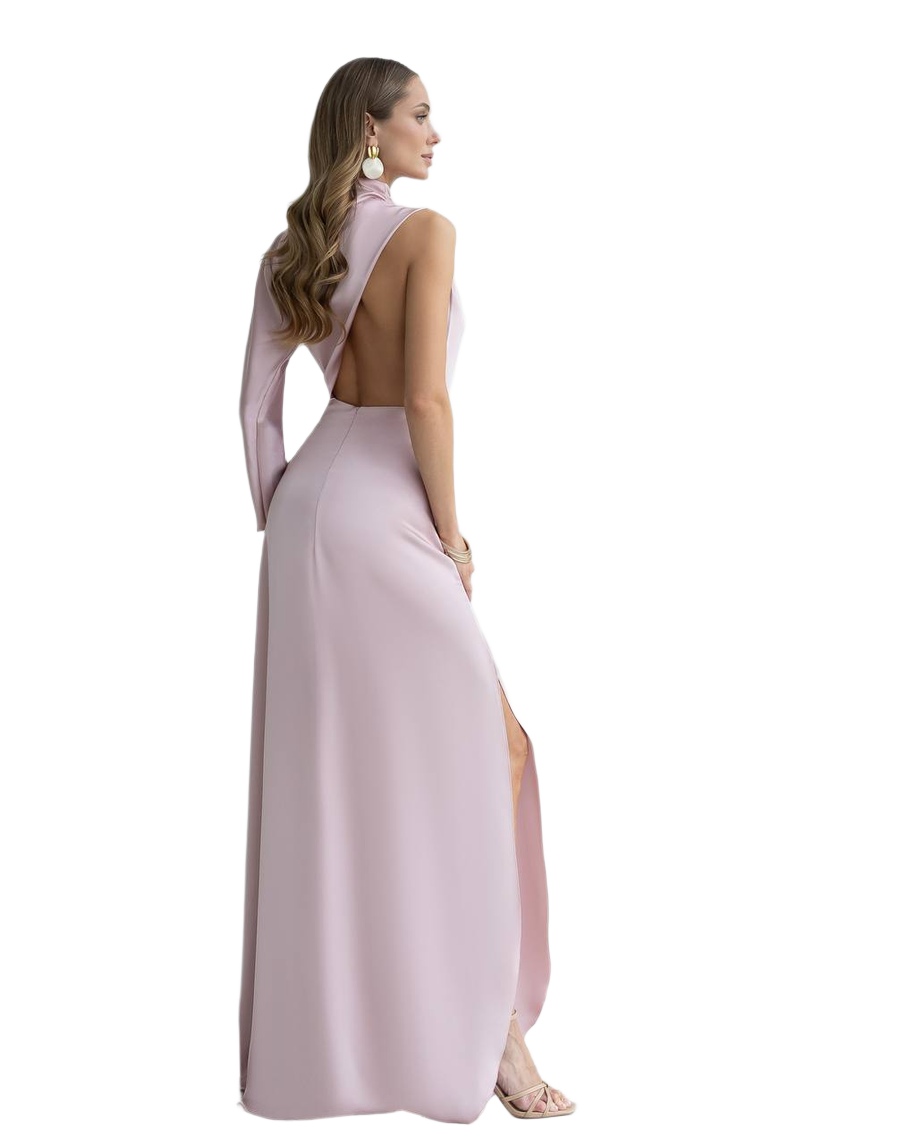 Elegant Satin Evening Dress with One Sleeve and Side Slit