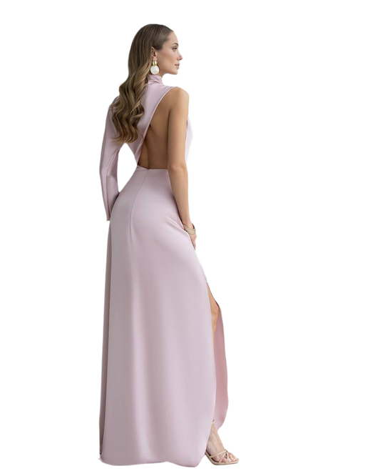 Elegant Satin Evening Dress with One Sleeve and Side Slit