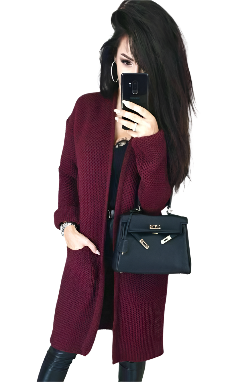 Womens Long Knit Cardigan Wool Blend Bordeaux