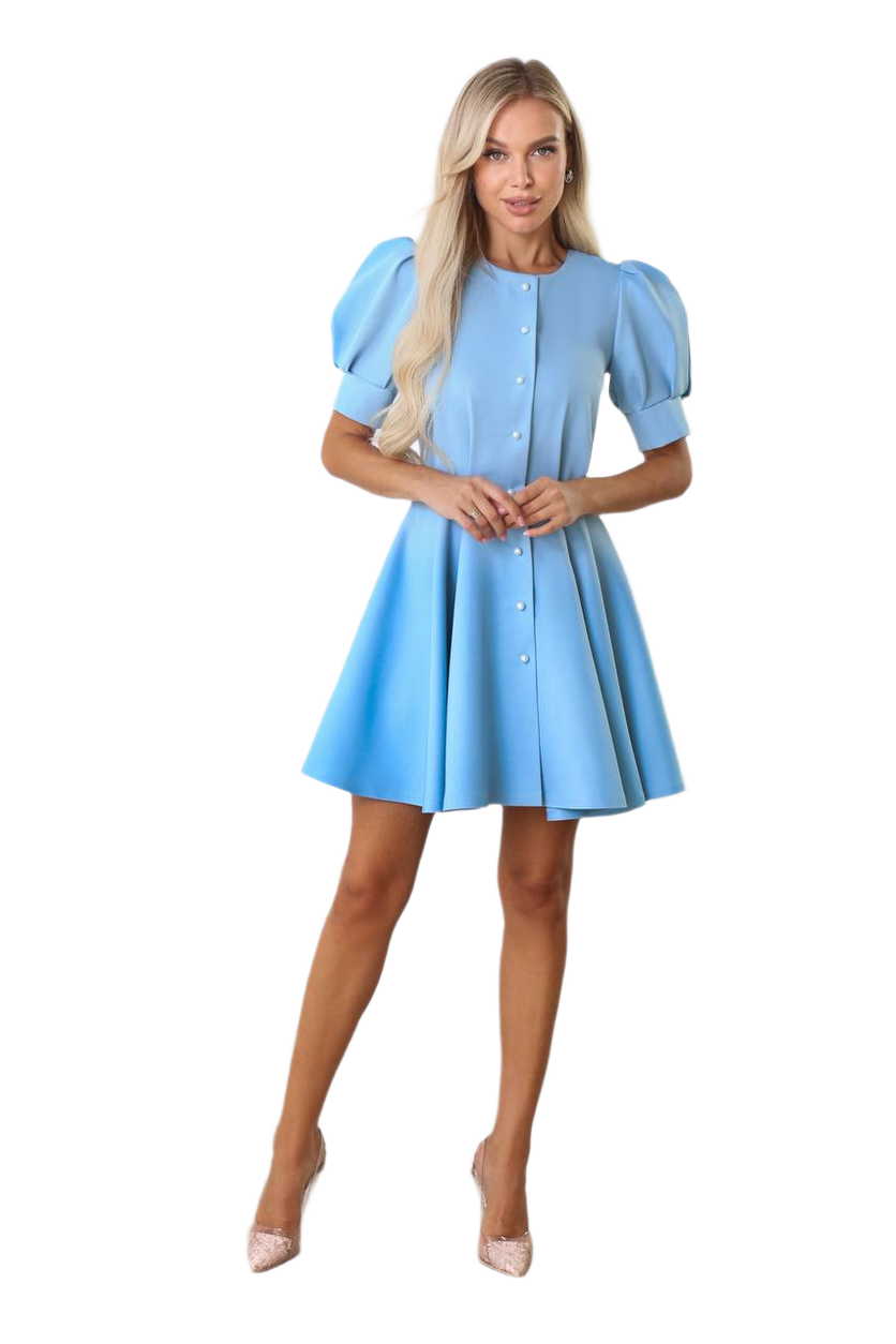 Woman wearing a light blue dress on a white background