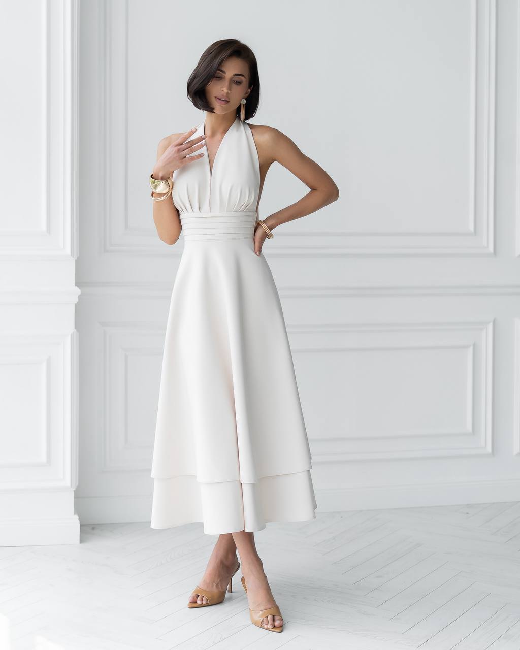 Elegant White Halter Neck Premium Crepe Dress for Women