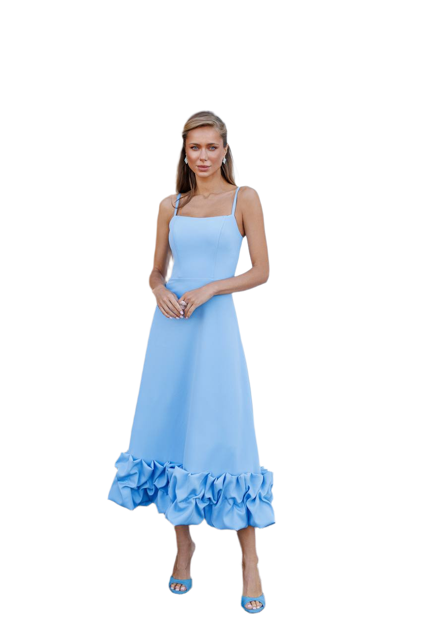 Womens Blue Diagonal Crepe Dress with Ruffle Hem