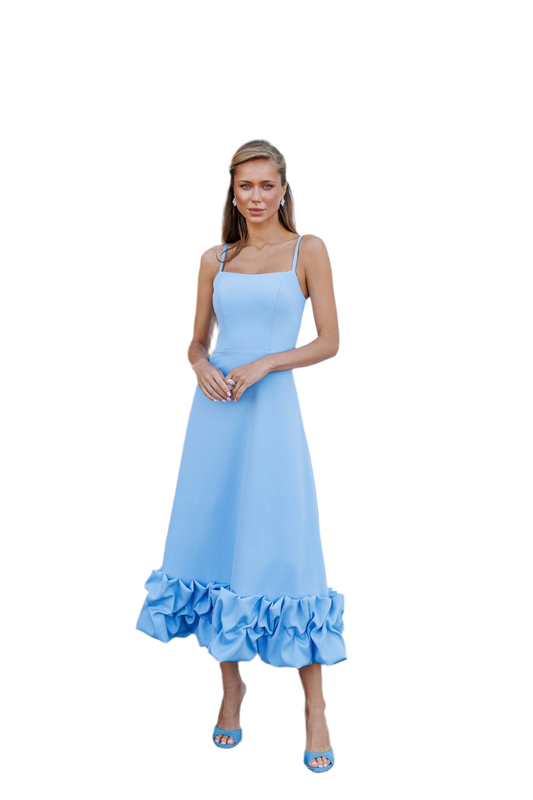 Womens Blue Diagonal Crepe Dress with Ruffle Hem