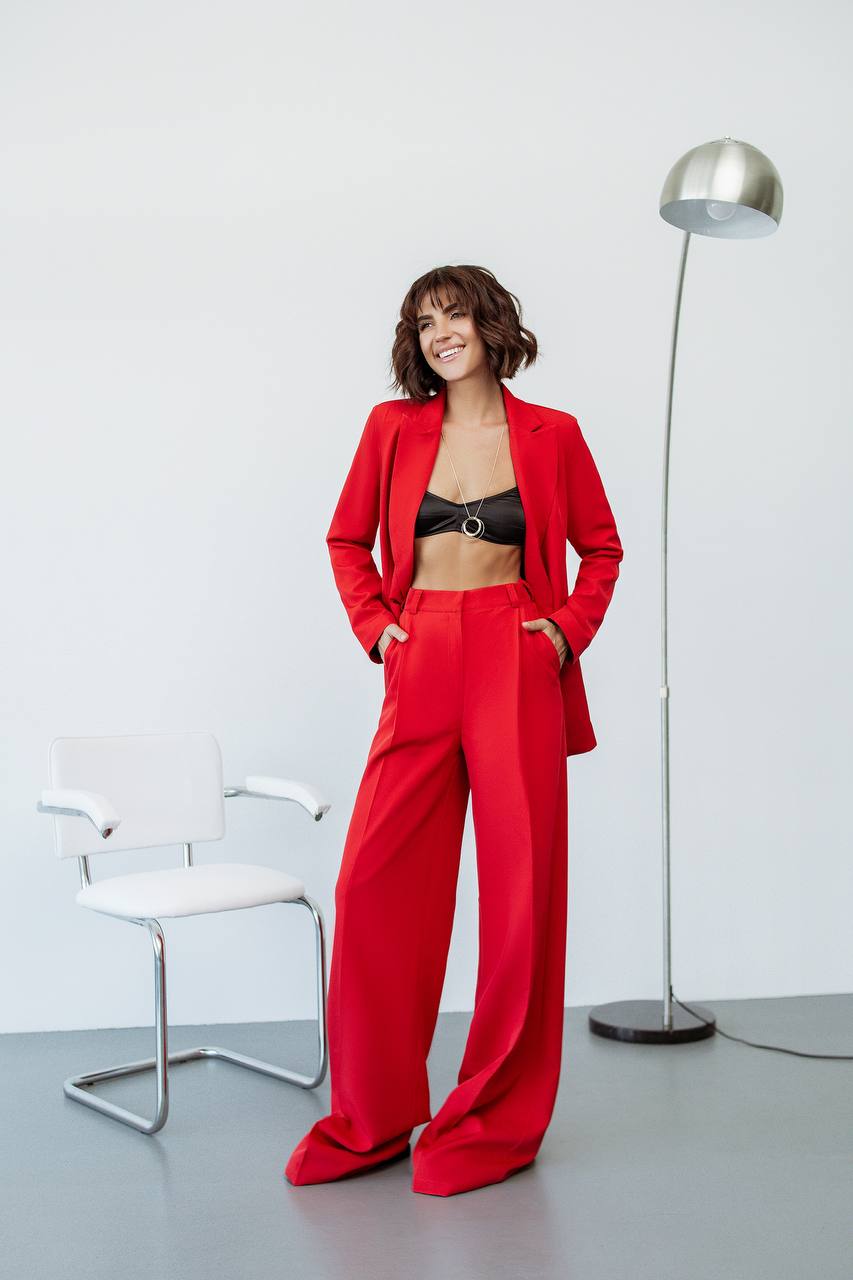 Red Diagonal Crepe Palazzo Suit Women Tailored Blazer Wide Leg Pants