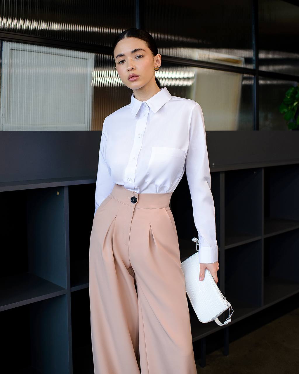 Wide Leg Trousers for Women in Suiting Diagonal Crepe Fabric