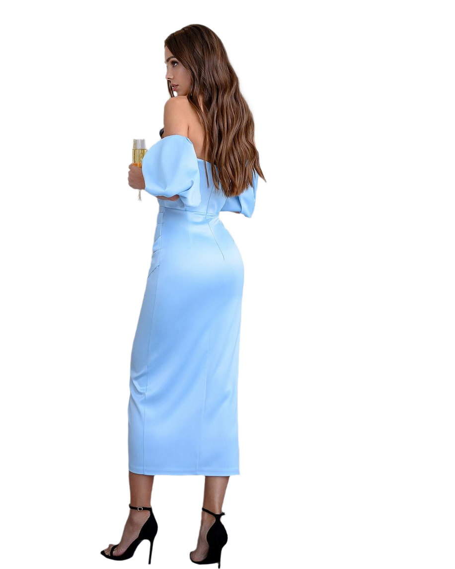 Elegant Royal Satin Midi Dress for Women with Puff Sleeves in Sky Blue