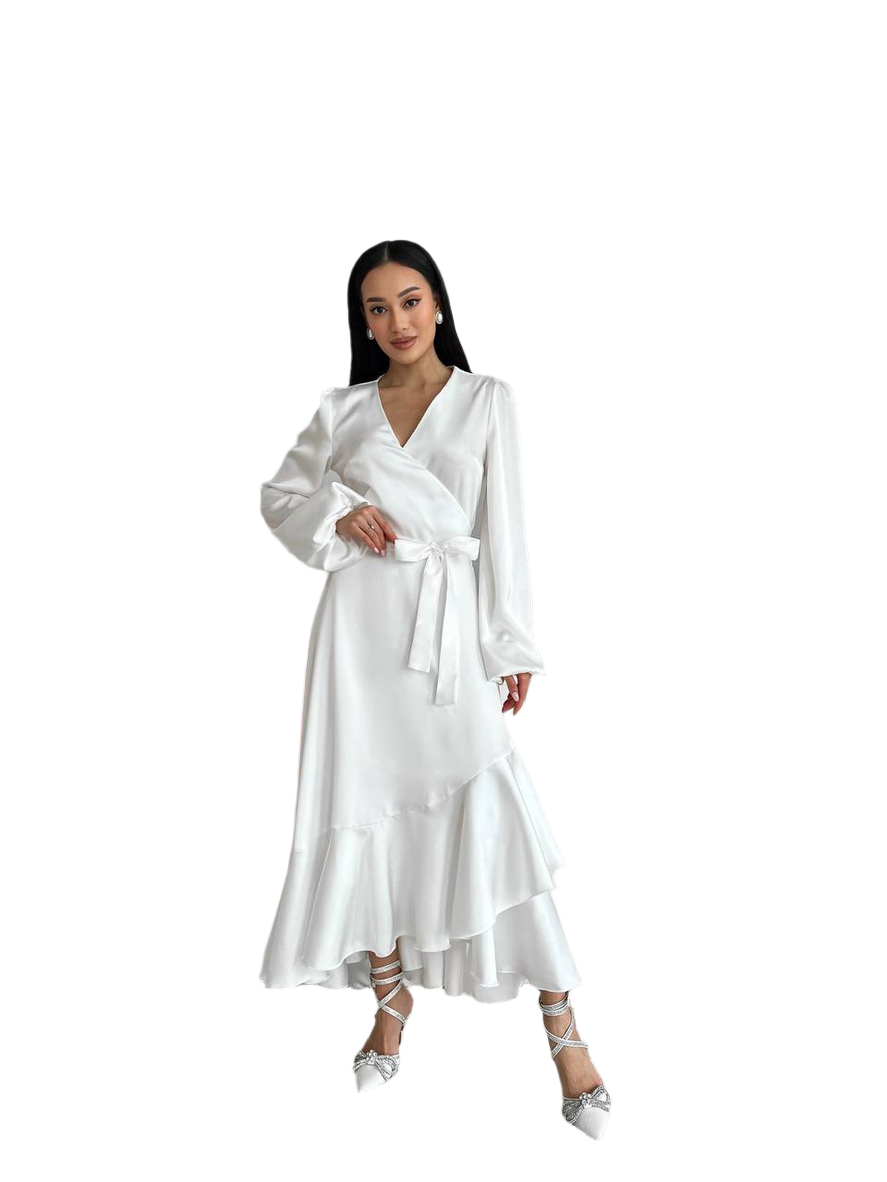 Elegant Satin Long Sleeve White Dress with Ruffle Hem and Waist Tie