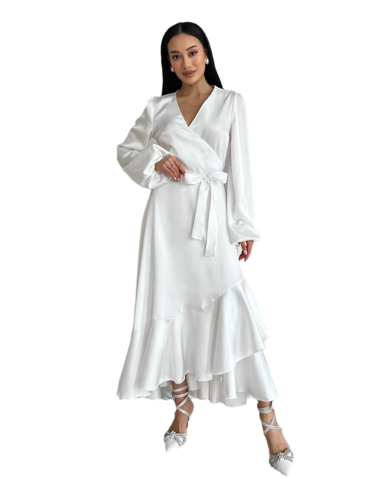 Elegant Satin Long Sleeve White Dress with Ruffle Hem and Waist Tie