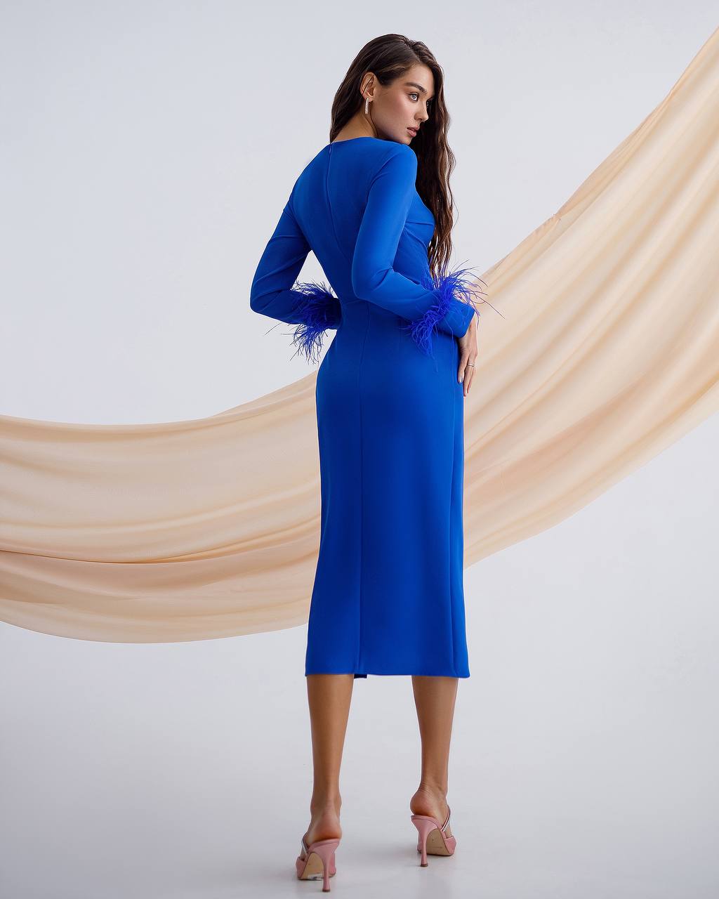 Elegant Midi Dress with Feather Sleeves in Premium Crepe-Diagonal Fabric
